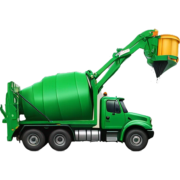 Green mobile compaction truck with a large, extendable arm from off the back of the truck and has a spiked round drum used to crush trash in an open-top dumster emoji