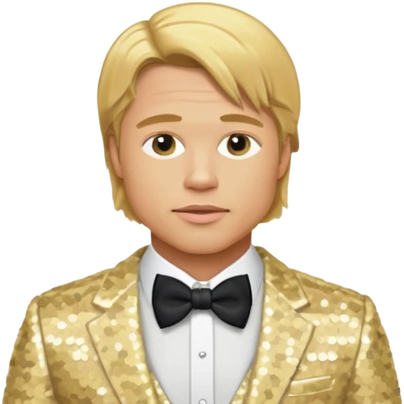 Brad Pitt with golden blonde hair, cream sequin suit with bow tie emoji