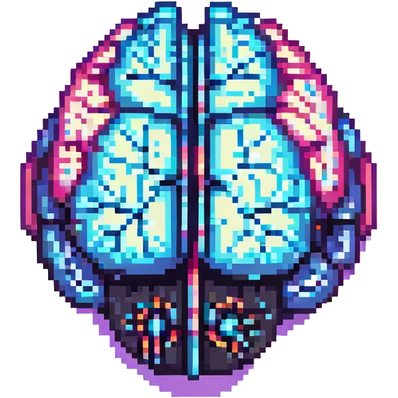 64x64 pixel art of a cybernetic brain with bright neon lines and glowing digital effects emoji