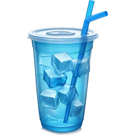 Realistic plastic cup and lid with blue soda and large ice cubes inside and straw through the top of the lid. emoji