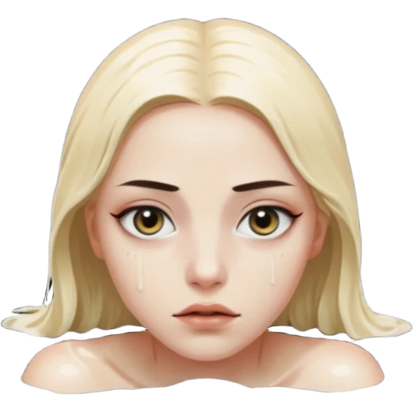 Woman submerged in black water, wet skin and eyes above surface, silent invitation emoji