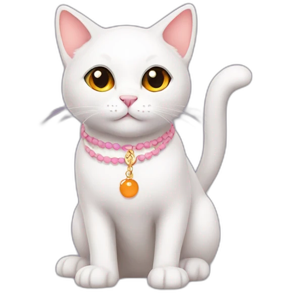 full body white orange cat cute with a small black eyes and a paw pink necklace emoji