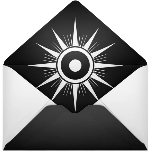 Open envelope, centered, black interior with a bright circular core and radial engraved sunburst rays, pure black ink on pure white, stipple/crosshatch only, razor sharp --style raw --ar 1:1 --no gradient, gray, 3d, glossy, text emoji