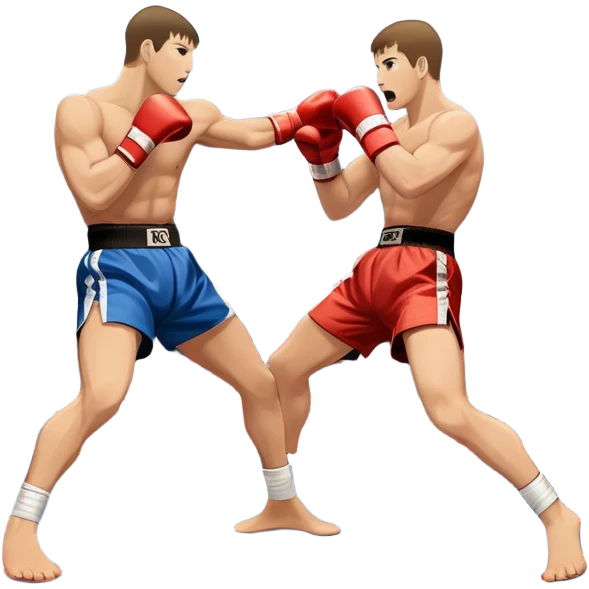 An icon symbolizing kickboxing, featuring two fighters in the midst of an intense match. One throws a powerful roundhouse kick, while the other counters with a punch. The background shows a ring, with ropes and a cheering crowd. Transparent background highlights the action and strength emoji