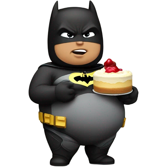 Obese man wearing Batman suit and holding baby while eating a Philly cheesecake emoji