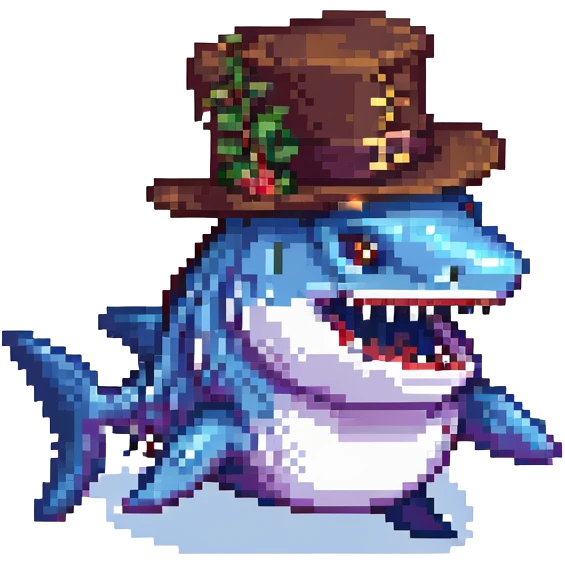 pixel art style shark wearing a tophat emoji