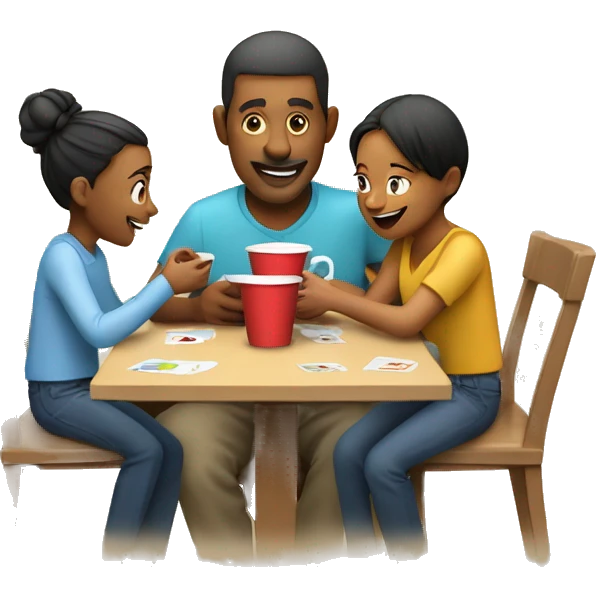 An emoji of a family—mother, father, and child—sitting at a table, playing a cup game with paper cups arranged on the table as they have fun together emoji