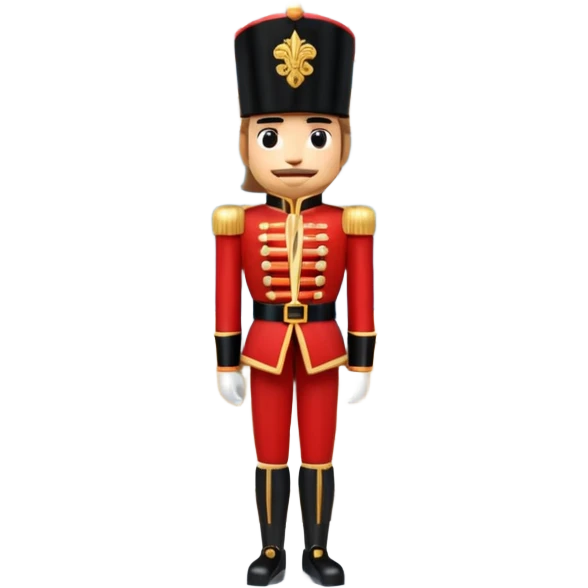 3D emoji of a majestic
Nutcracker soldier standing in front of a stylized Bolshoi Theatre facade. Snowy winter atmosphere, theatrical gold and red colors. High-quality 3D render, glossy plastic and wood textures, isolated on a white background. emoji