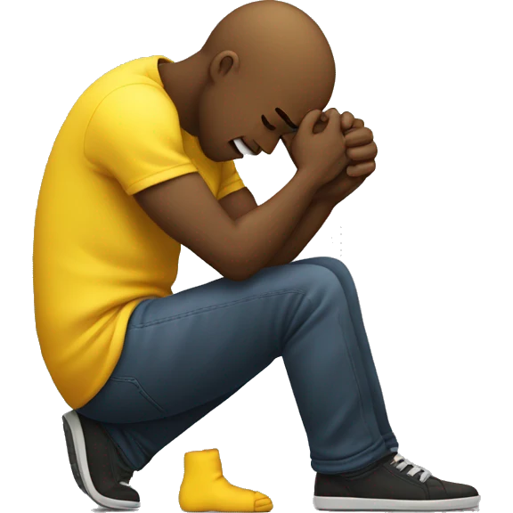 A yellow-skinned man kneeling and crying, trying to mend his girlfriend's broken heart. The heart is a broken emoji heart, highlighting the emotional scene. emoji