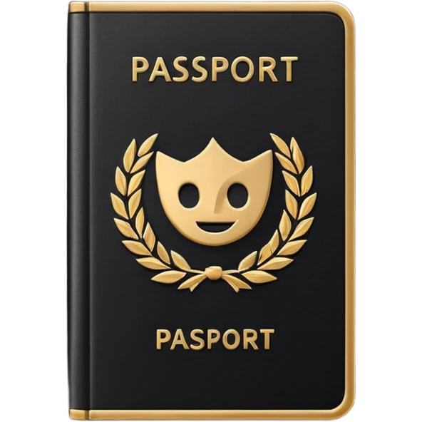 Minimal emoji icon of a black passport, matte cover, simple gold emblem, clean lighting emoji