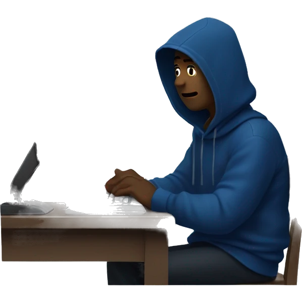 A man in a dark blue hoodie with a capelet on his head, his face not visible in the shadows, is sitting at a computer. emoji