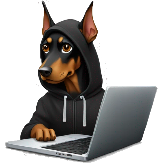 Doberman pincher in a black hoodie behind a laptop emoji