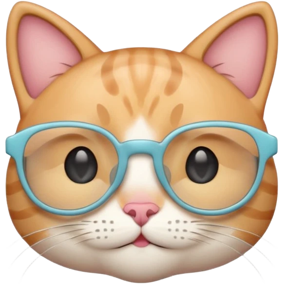 A cute cat emoji wearing geek-chic glasses, minimal design, simple shapes, soft pastel colors, clean vector style, centered composition, emoji style, smooth lines, subtle shadow, high resolution, transparent background, PNG format, no background emoji