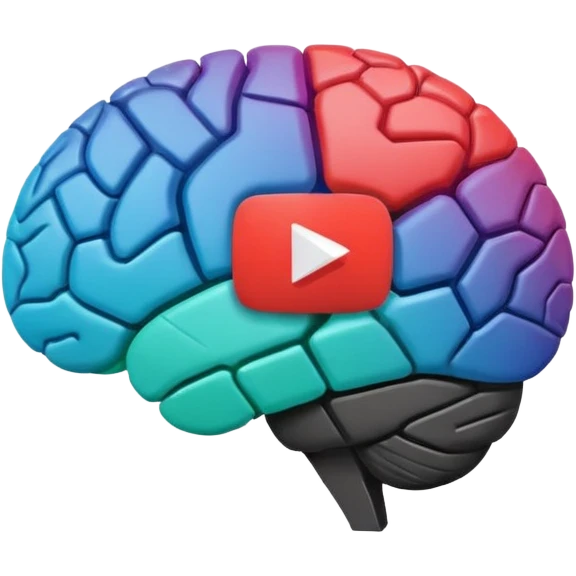 Minimalist flat icon design, brain silhouette with YouTube play button triangle integrated inside, clean vector style, single color or gradient, simple lines, professional logo style, white background, centered composition emoji