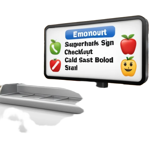 sign above the checkout counter in a supermarket emoji