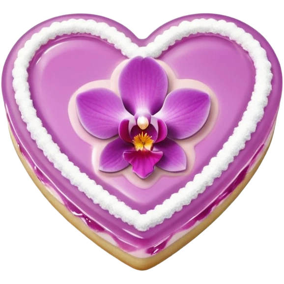 Realistic shortbread cookie in the shape of a heart with orchid color jelly middle filling and sprinkled powder sugar on top. emoji