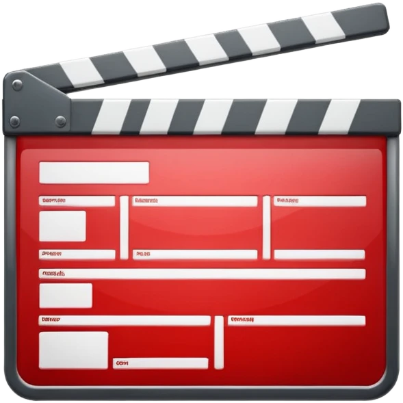 Glossy bright red clapperboard in the classic style of Apple icons: the top bar is tilted up-left, the body and bar with a deep glossy glare, dark gray edging, black background inside, perfectly square with rounded corners. 🔴🎬✨ emoji