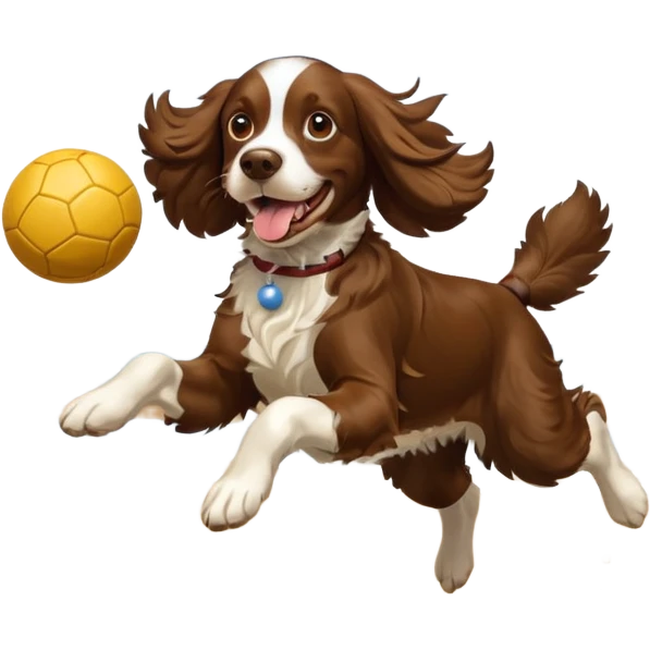 brown English springer spaniel jumping for joy on a Northumberland beach with a bag of balls emoji