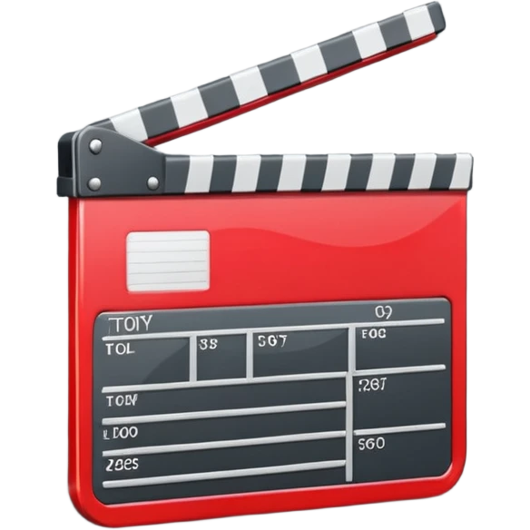 Glossy bright red clapperboard in the classic style of Apple icons: the top bar is tilted up-left, the body and bar with a deep glossy glare, dark gray edging, black background inside, perfectly square with rounded corners. emoji
