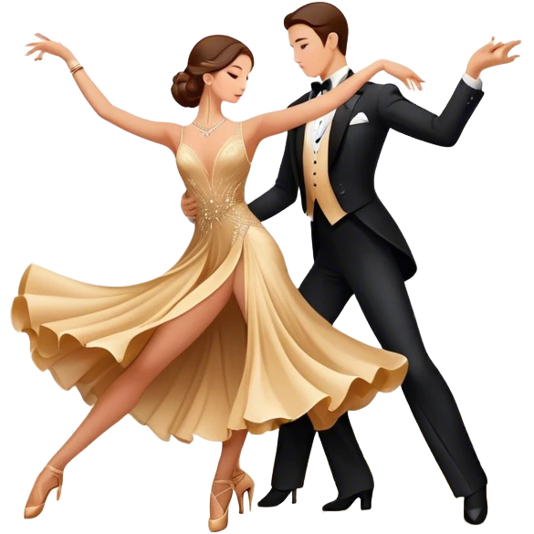Icon for Ballroom Dancing: a couple in an elegant dance pose, with flowing dresses and tuxedos, surrounded by dance floor lights. The icon should convey the grace and elegance of ballroom dance, with focus on movement and precision. Transparent background. emoji