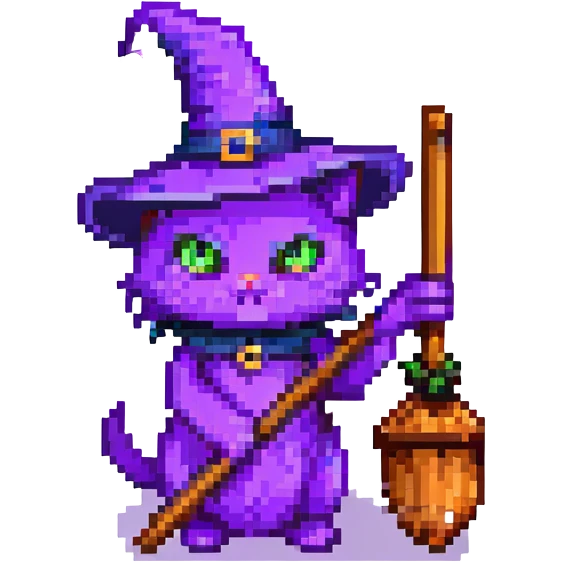 purple witch cat with a broom emoji