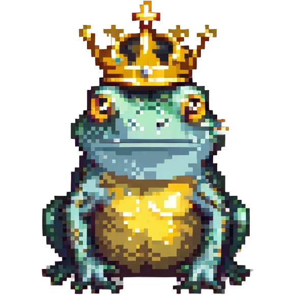 pixel art crowned frog wearing a large golden crown facing forward emoji