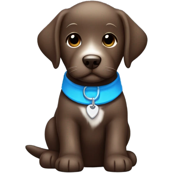 Chocolate labrador puppy with small white fur on chest and cute blue collar emoji
