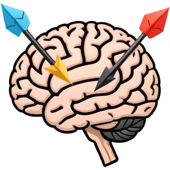 Minimalistic flat vector icon, iOS style, thin black contour on white background. Human brain with two arrows in a circle around it, symbolizing thought change. No text, no shadows. emoji