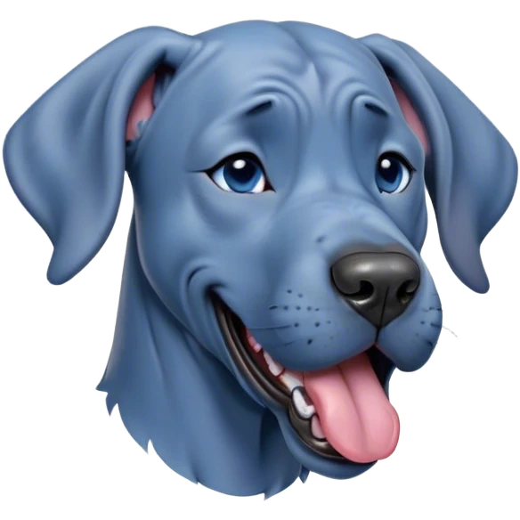 Cinematic Cute Yawning Blue Great Dane Portrait Emoji, Head tilted slightly with a dramatic, wide-open yawn, showcasing a smooth blue Fur with a cool luster, floppy ears slightly drooping, round steel-blue eyes barely open in drowsy contentment, Simplified yet irresistibly adorable features, highly detailed, glowing with a soft, cozy glow, high shine, relaxed yet expressive, stylized with a touch of whimsy, bright and endearing, soft glowing outline, capturing the essence of a sleepy yet affectionate guardian, so drowsy it feels like it could stretch out of the screen and curl up for a nap! emoji