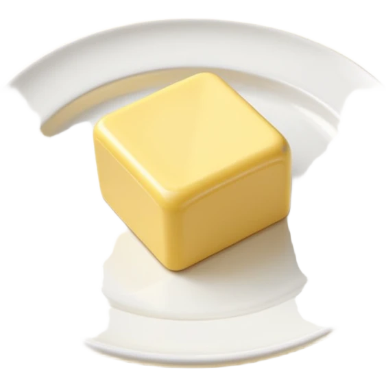 A 3D cartoon yellow butter block on a white ceramic dish, soft lighting, Memoji-style realism. emoji