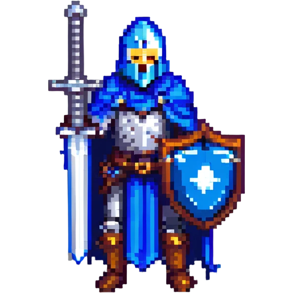 pixel art knight with blue cape, gray iron sword, blue iron shield emoji