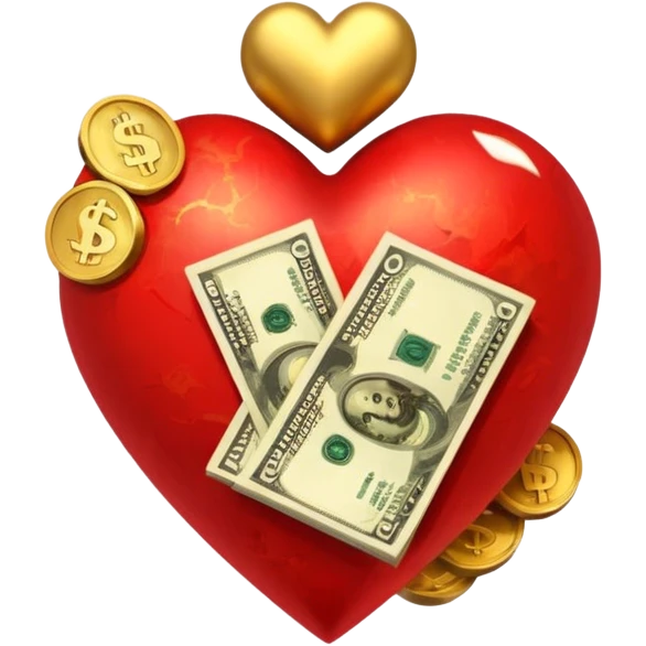 "Realistic HD red heart fused with cash and gold elements, heart seamlessly blended with money textures and molten gold details, dramatic warm glow, luxurious but clean, white background." emoji