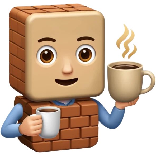 The talking brick is holding a mug of coffee in his hand emoji
