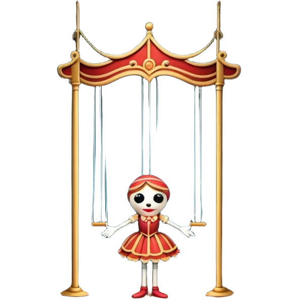 Icon for Puppet Theater: a puppet on strings with theatrical curtains in the background, along with a small stage and dramatic lighting. The icon should represent the whimsical and artistic nature of puppet performance. Transparent background. emoji