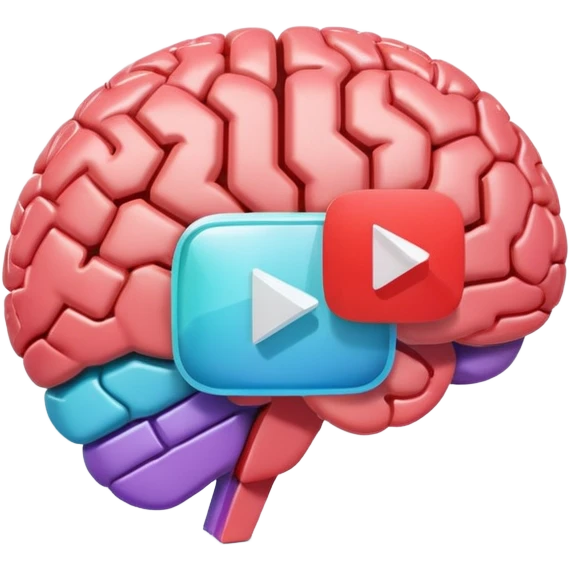 3D icon design, brain with YouTube play button symbol integrated into brain structure, glassmorphism style, soft shadows, gradient colors, modern app icon aesthetic, isometric view emoji