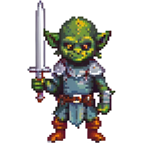pixel art goblin with a raised sword, ready for battle emoji