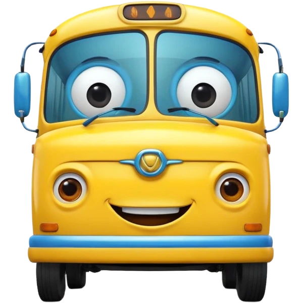 Front view of a bus with a cheerful smiling face, expressive eyes integrated into the windshield, glossy 3D animation style, Pixar-inspired, vibrant colors, soft shadows, cinematic lighting, ultra detailed, 4k render emoji