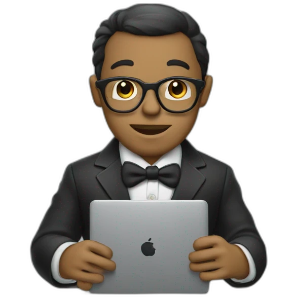 A chipanzee using laptop with well dressed emoji