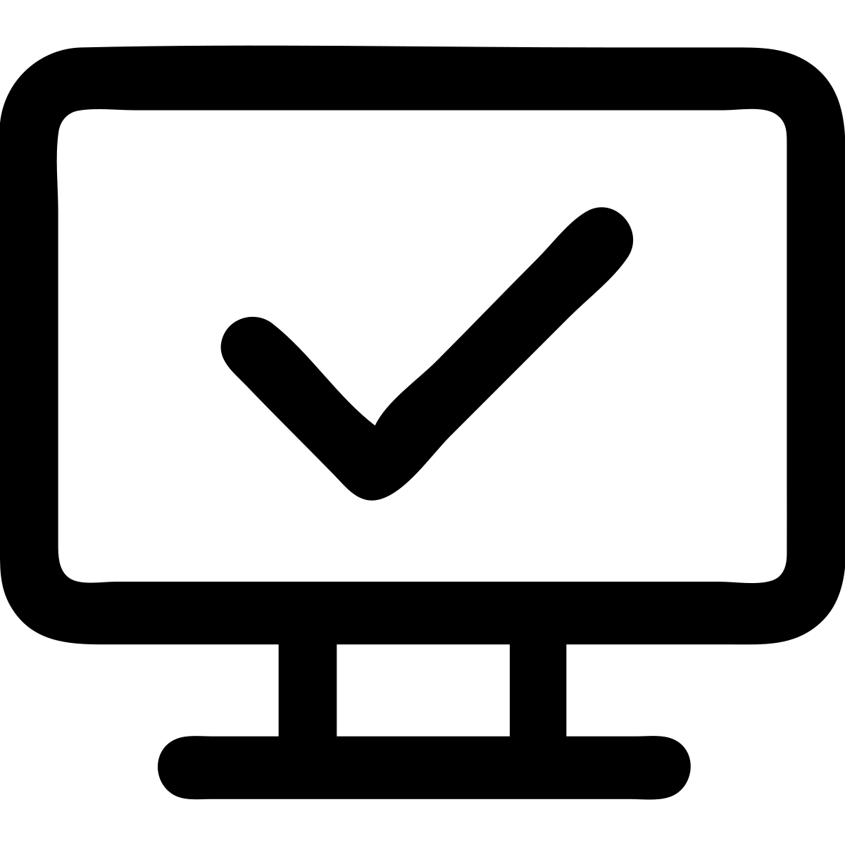 Edit the image of a monitor with a checkmark in a minimalist style with solid black fill and transparent background. Make the checkmark extend beyond the edges of the monitor screen. emoji