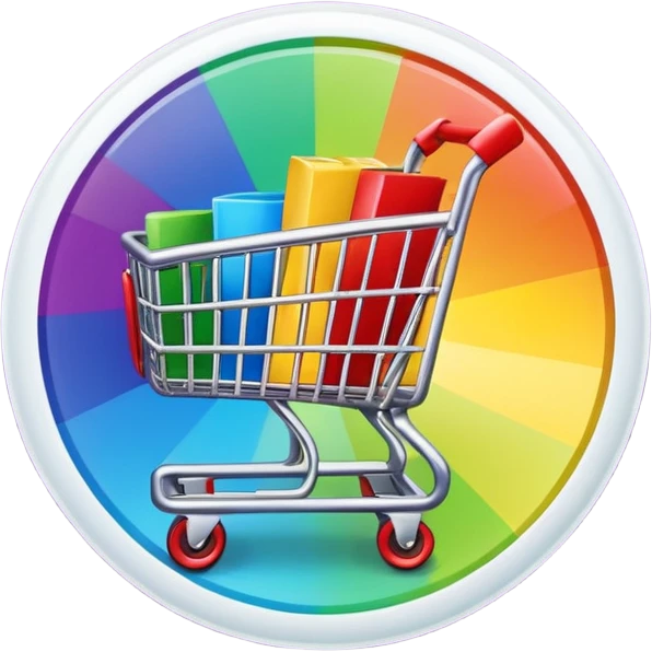Create a round sticker with a dark black background inside the circle, dynamic edges that smoothly transition step-by-step from green to yellow to red to purple, a small shopping cart icon in the center, the title text ‘New stock soon’, where the word ‘soon’ is blinking in bright blue color.” emoji