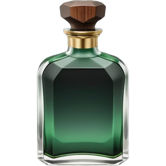 A masculine fragrance bottle featuring a gradient of deep forest green to charred black glass. The cap is made of dark walnut wood. The bottle is placed on a jagged piece of slate rock with a faint mist in the background. Earthy, moody, textured, photorealistic. emoji