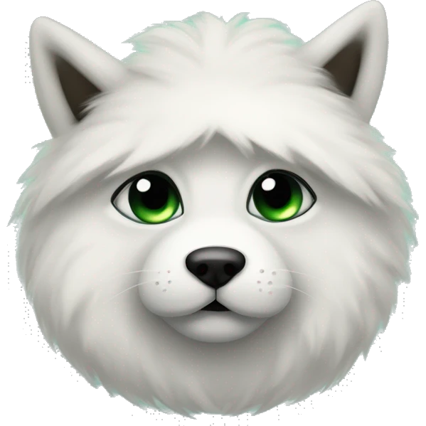 White fur with black patches, Green eyes with a calm gaze, Black marking near the mouth like a little mustache ,Sleek and cozy under a fluffy blanket   emoji
