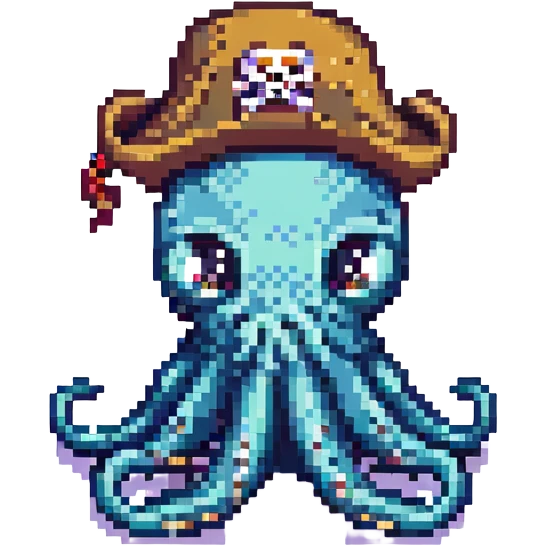 pixel art octopus with pirate hat, confused expression emoji