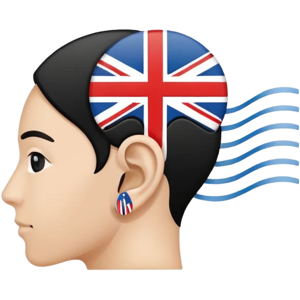 Minimalistic flat vector icon, iOS style, thin black contour on white background. Ear icon with sound waves and small UK/USA flag symbol. Clean, no text, no shadows emoji