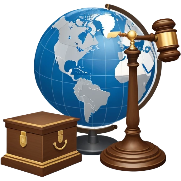 An icon featuring a globe with a gavel and a political map, symbolizing political science. The design includes a ballot box and a podium, representing democracy and governance. Transparent background highlights the study of political systems and global relations. emoji
