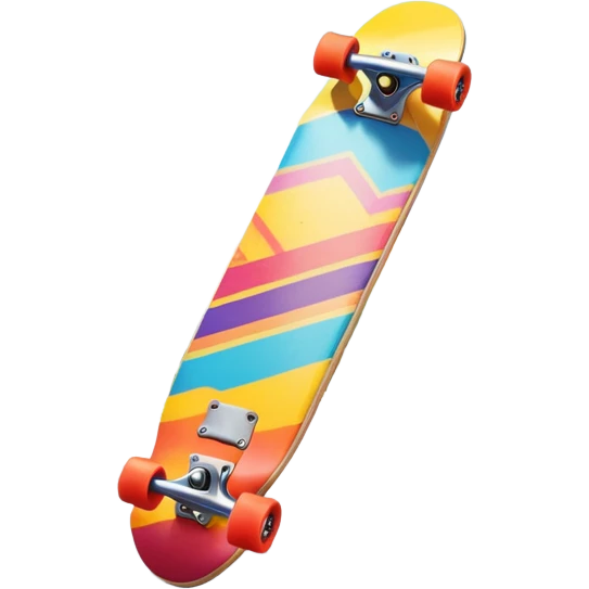 An icon featuring a colorful skateboard resting on a smooth pavement. The background shows a sunny park with trees, a clear sky, and a lively atmosphere. The skateboard's deck is decorated with vibrant designs, emphasizing its dynamic style. Transparent background  emoji