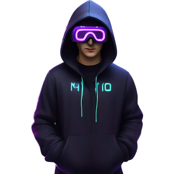 Russian man wearing a black hoodie with "OMG" letters on it and VR headset in a cyberpunk VR environment with violet neon lighting. emoji