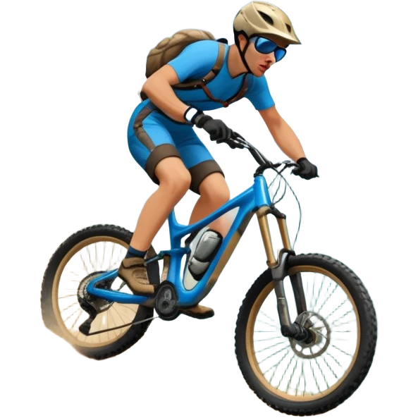 A thrilling downhill mountain biking scene! A rider in full gear speeds down a steep rocky trail, kicking up dust. The rugged mountain landscape surrounds them, with towering peaks, evergreen trees, and a bright blue sky. The rush of adventure is in the air. Transparent background. emoji
