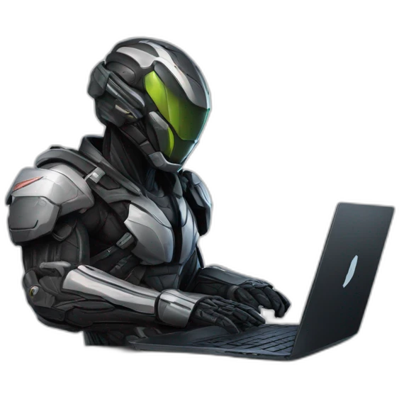 Side view developer behind his laptop with this style : Crytek Crysis Video game with nanosuit hacker themed character emoji