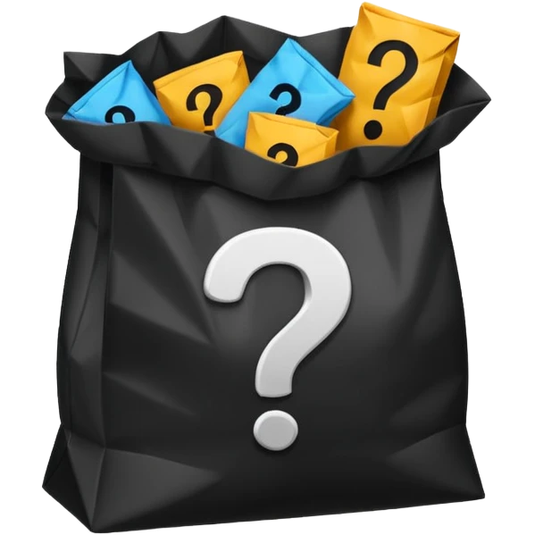 black goodiebag with questions mark boxes stuffed in it emoji